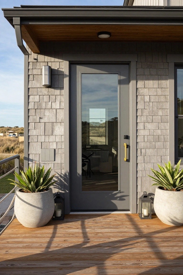 Gray front door with large vertical glass panel and yellow pull handle on shingle-clad exterior wall, flanked by two large white pots of agave plants and lanterns on wooden deck porch.