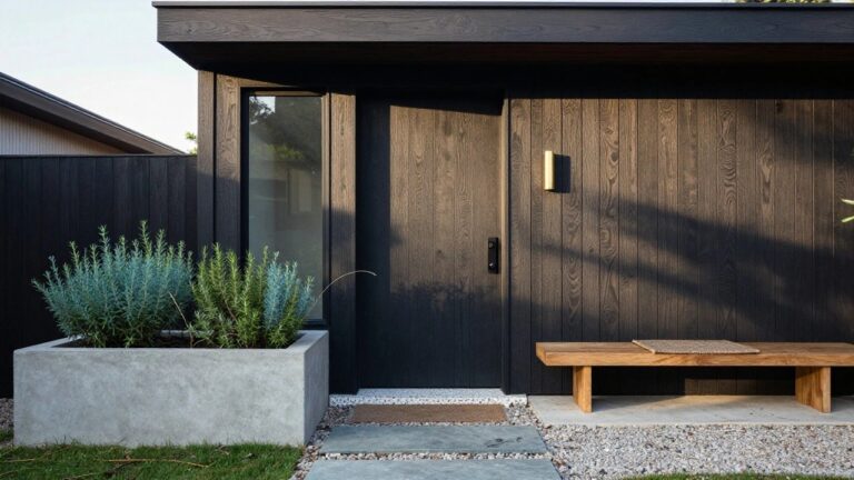 Modern house entry with tall vertical wooden slat doors, built-in wooden bench holding potted rosemary and agave plants, gold wall sconce, stucco side wall, and stone pavers on gravel path.