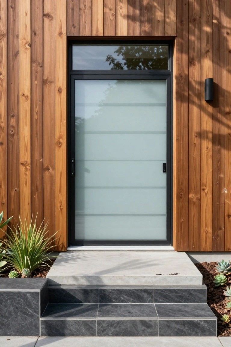 Close-up of a house entryway with vertical warm-toned wood cladding, tall frosted glass door in black metal frame, black cylindrical wall light, three steps of concrete topped with dark slate tiles, and succulent plants in a raised bed.