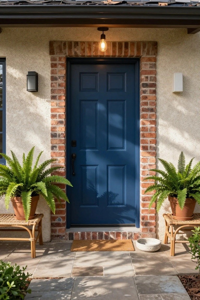 Deep navy blue six-panel front door framed by a red brick arch on a light stucco house exterior, flanked by large potted ferns on rattan benches, with wall lights, a welcome mat, and a white dog bowl on a stone porch.