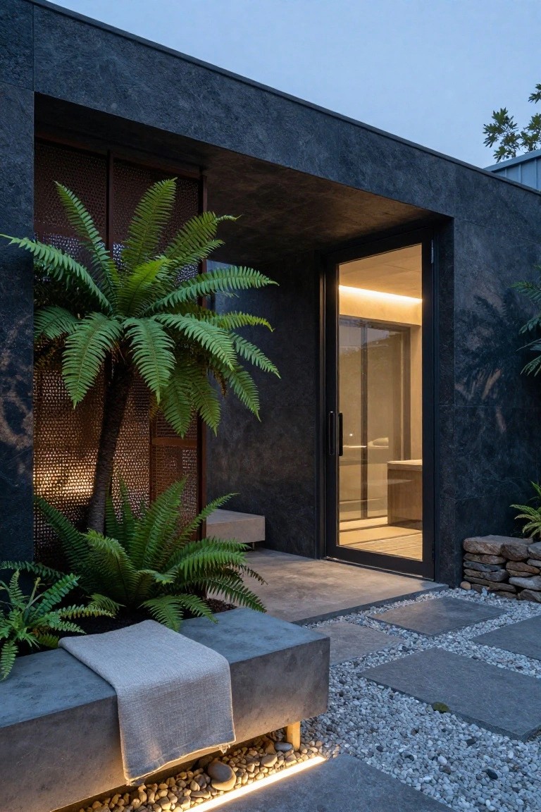 Contemporary house entryway with dark textured walls, recessed tall glass sliding door with interior lighting, perforated bronze screen enclosing large ferns, concrete bench with gray throw, stone pavers, and pebble ground cover.