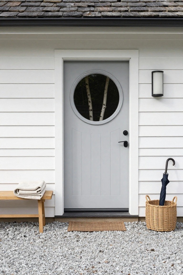White clapboard house exterior featuring a light gray paneled entry door with a circular window showing birch tree trunks, a black wall lantern to the right, wooden bench with folded blanket to the left, umbrella in wicker basket, and doormat on gravel ground.