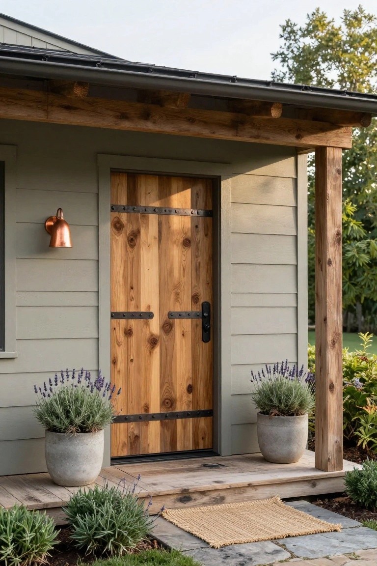 Gray clapboard house exterior with wooden front door accented by black metal straps and hinges, copper wall lantern, potted lavender plants beside the door, wooden porch, and seagrass doormat.