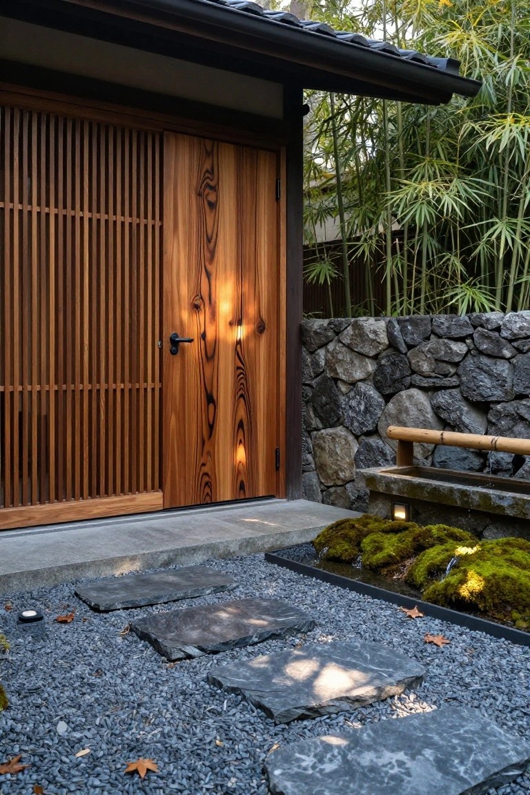 Wooden entry door with vertical slats and visible grain, next to a stone wall with bamboo fence, gravel ground cover, stone steps, and mossy water feature.