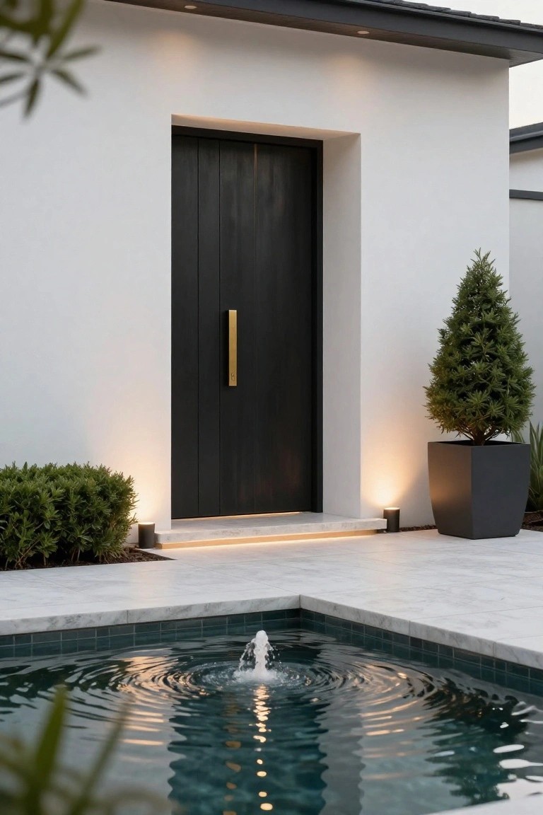 Contemporary house exterior showing a tall black wooden front door with vertical gold handle on white stucco wall, flanked by shrubs, uplights, potted tree, and small fountain pool on tiled patio.