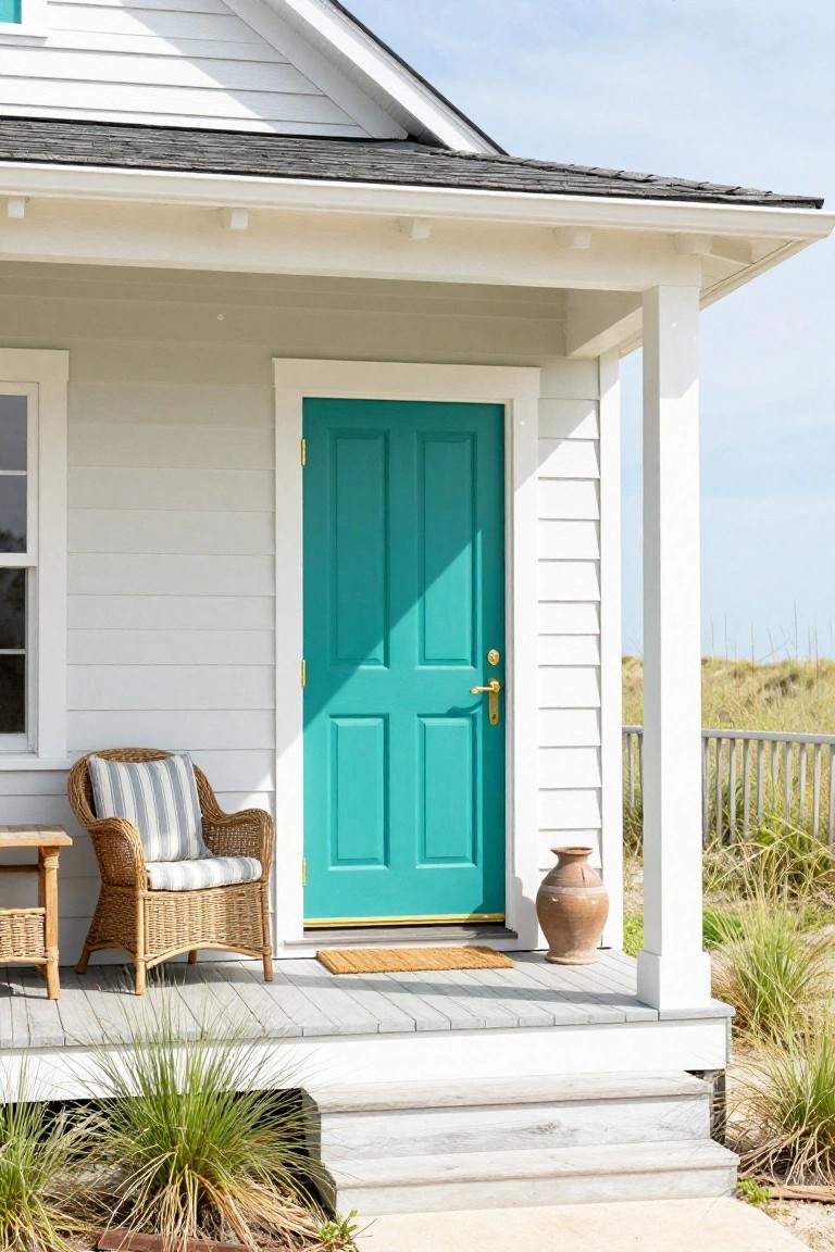 White clapboard beach house with teal paneled front door, gold hardware, wicker armchair and side table on wooden porch, terra cotta pot nearby, sea oats and dunes in background.