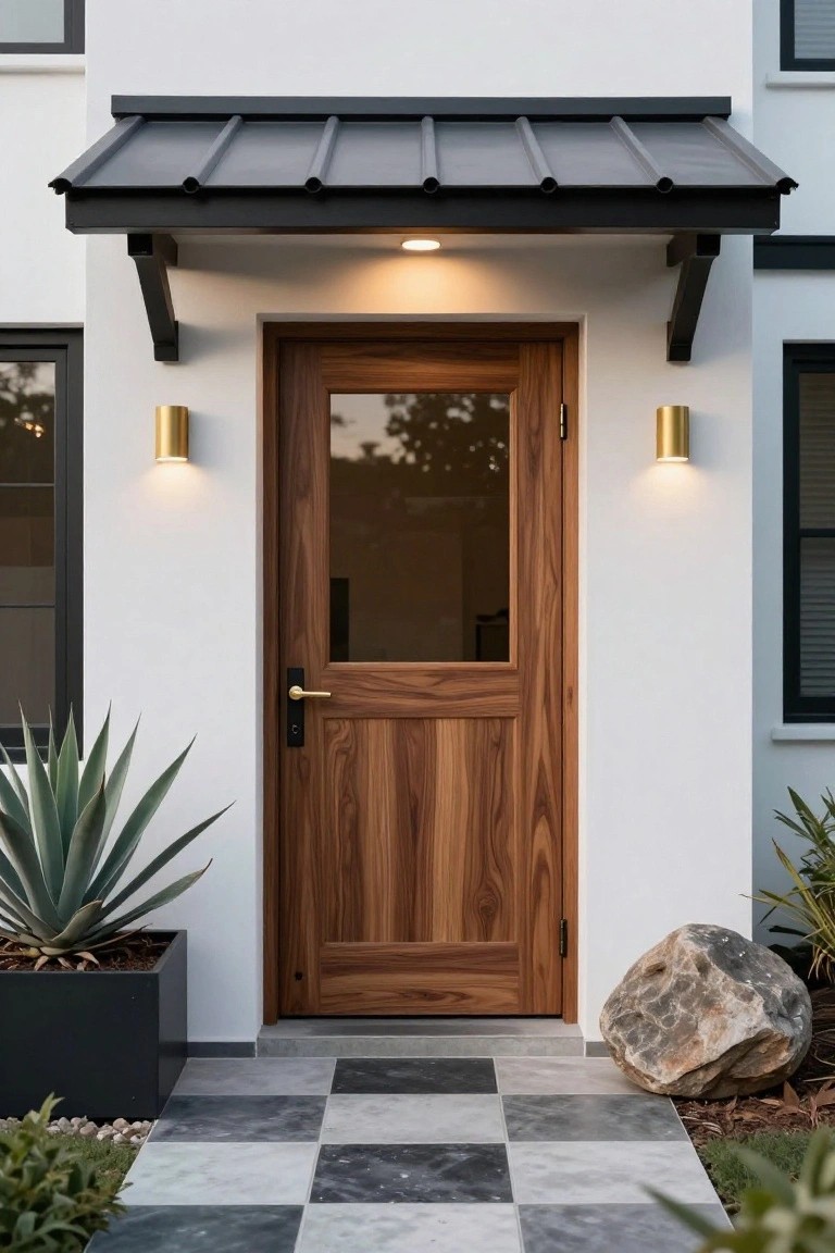 Modern house front entrance with walnut wood door featuring glass panel and brass handle, flanked by gold wall sconces under black metal awning, white stucco walls, potted agave plant, large rock, and checkered tile path.