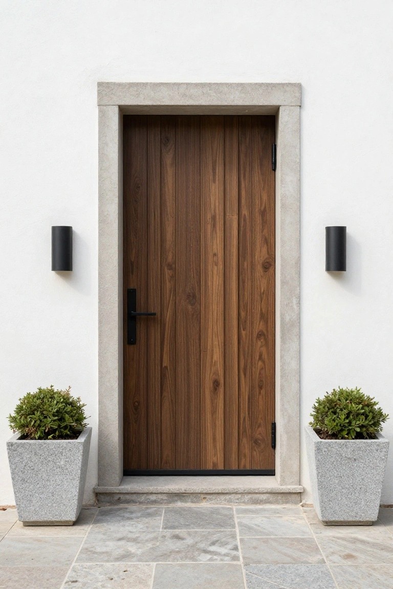 White stucco wall with concrete lintel framing a tall vertical walnut wood front door and black handle, flanked by cylindrical black wall lights and matching granite pots containing trimmed boxwood shrubs, leading to a stone tile pathway.