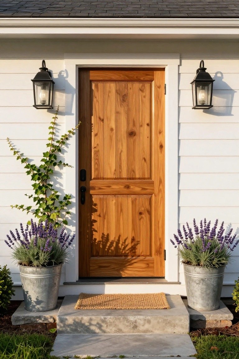 White clapboard house exterior featuring a knotty wooden paneled front door centered between black lanterns, with ivy climbing one side, lavender plants in metal buckets flanking the concrete entry steps, and a seagrass welcome mat.