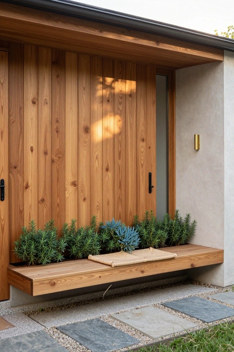 Modern house entry with tall vertical wooden slat doors, built-in wooden bench holding potted rosemary and agave plants, gold wall sconce, stucco side wall, and stone pavers on gravel path.