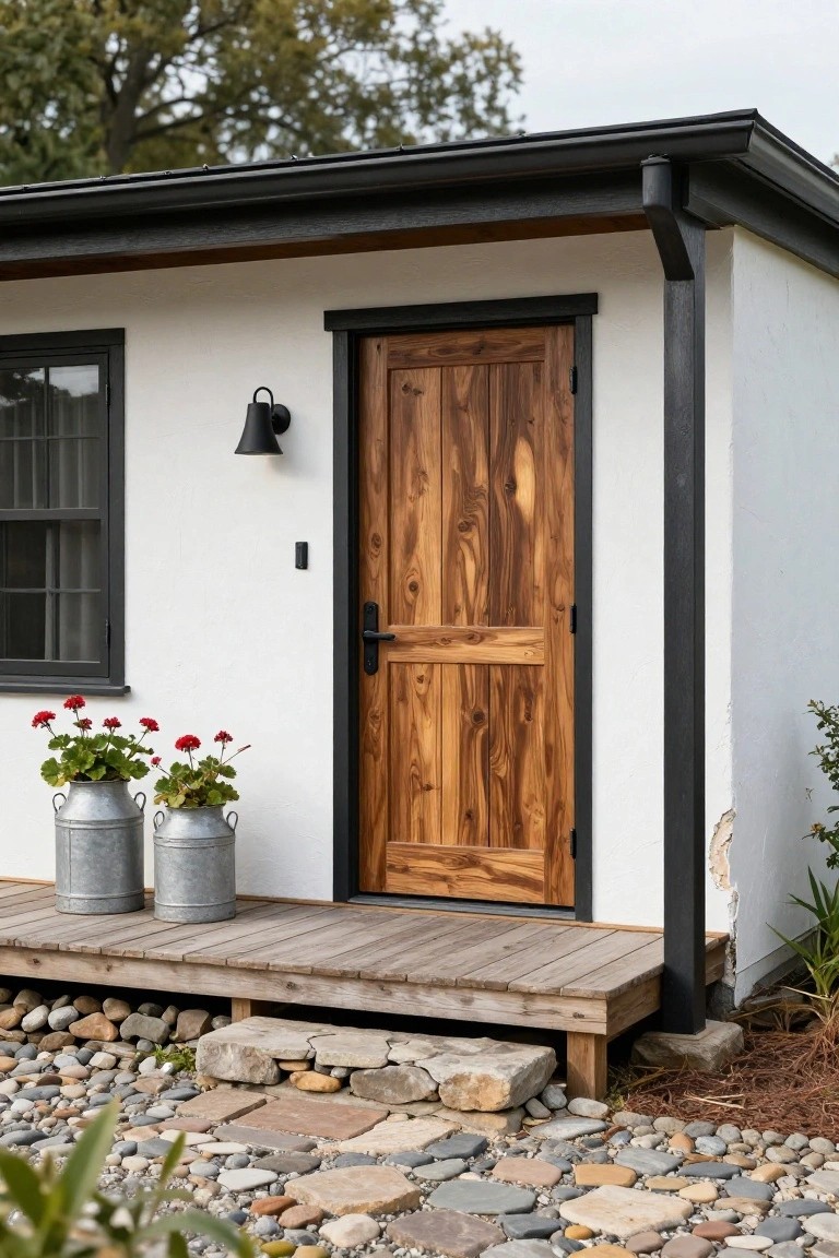White stucco wall with black-trimmed dark wood plank entry door, black wall lantern, two galvanized buckets holding red geranium plants on wooden porch, stone steps to multicolored river rock landscaping.