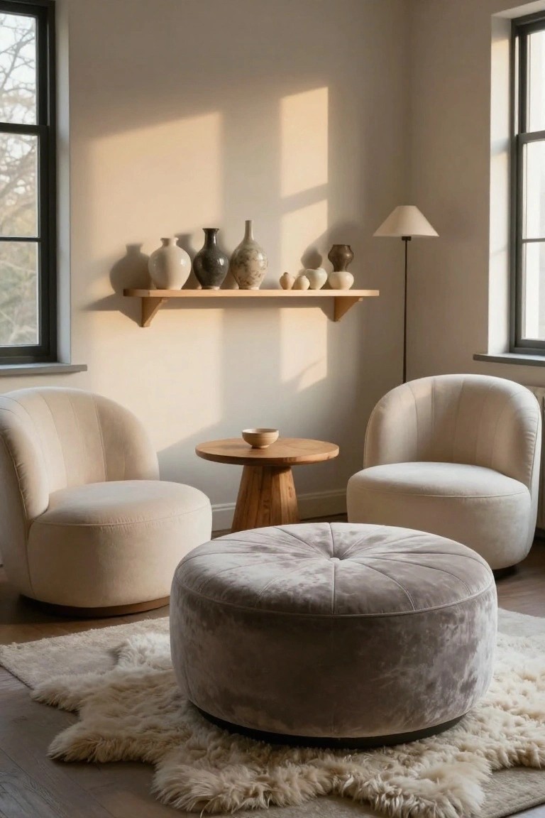 Corner of a beige room with two curved cream bouclé armchairs around a round wooden table holding a bowl, a large gray tufted velvet pouf on a white sheepskin rug, wooden shelves displaying ceramic vases, a floor lamp, and two large windows with trees outside.