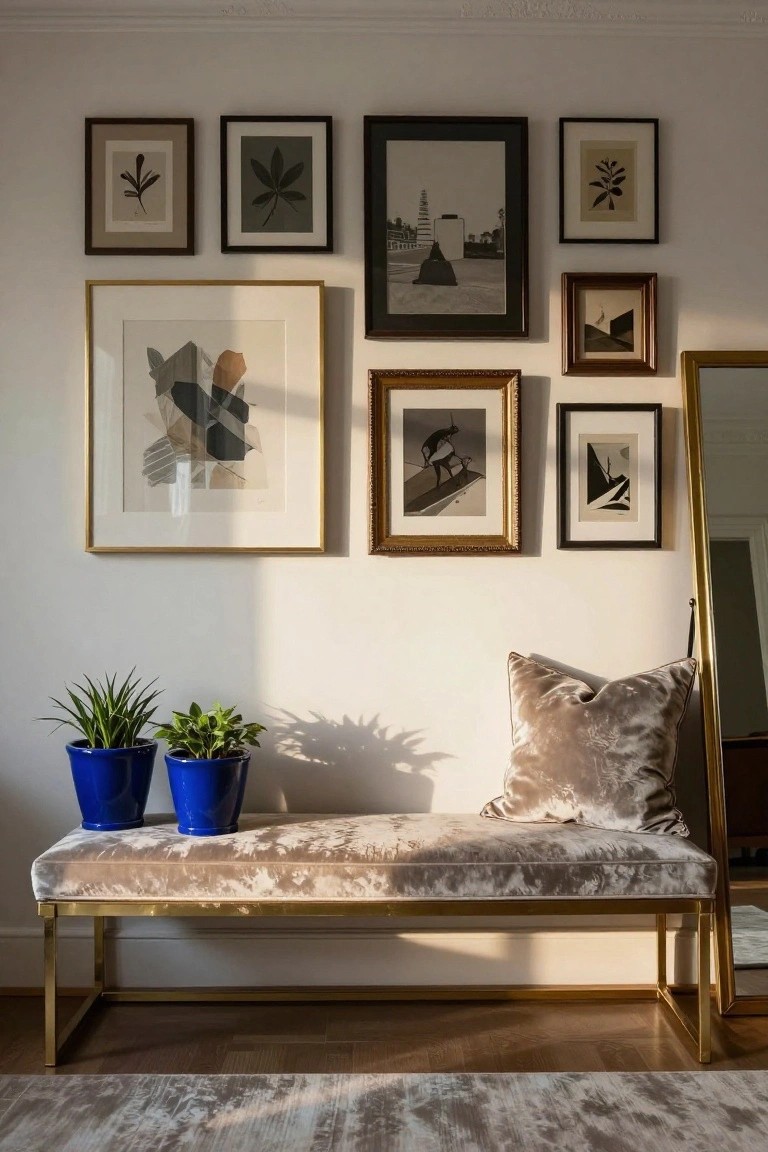 White wall with assorted framed black-and-white and neutral artworks in a gallery arrangement above a beige velvet bench on gold legs, two blue ceramic pots with green plants in front, a gray pillow on the bench, and a tall gold mirror to the side on a wood floor with light gray rug.