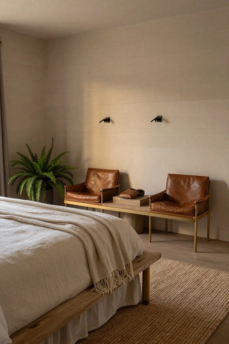 Bedroom corner showing two tan leather sling armchairs flanking a low gold metal bench table with books and slippers next to a low platform bed, plus a potted fern, neutral shiplap walls, and seagrass rug.