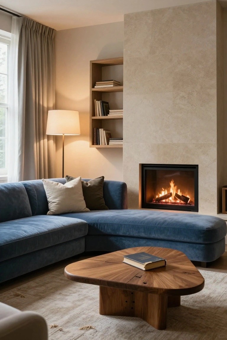 Modern living room featuring a curved blue velvet sofa, oval wooden coffee table with a book, beige rug, floor lamp, bookshelves, and gas fireplace on a textured stone wall.