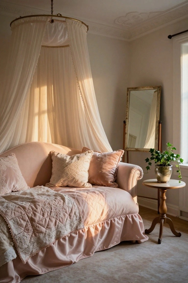 Blush pink curved chaise lounge with pillows and quilt under a white sheer hoop canopy in a light beige bedroom corner next to a gold-framed mirror and potted ivy plant on a round table.