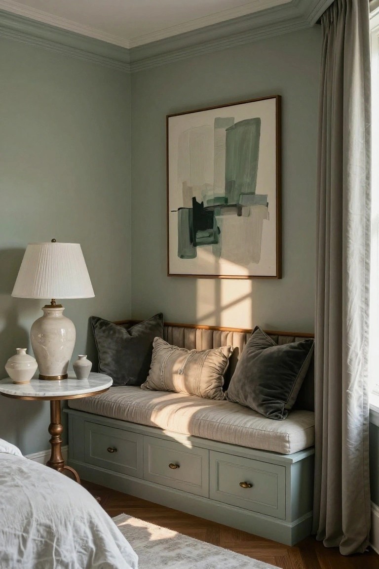 Corner of a sage green bedroom with a built-in window bench featuring drawers, velvet and textured pillows, a marble-topped lamp table, and an abstract painting on the wall beside linen curtains and a bed in view.