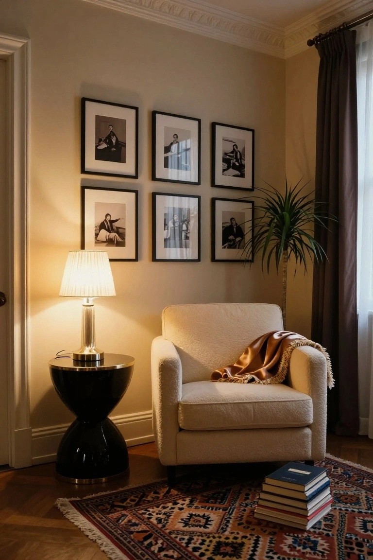 Cream armchair with gold throw blanket next to black pedestal side table and brass table lamp with white shade, black-framed photos on beige wall, tall potted plant, stack of books on patterned rug, parquet wood floor in room corner.