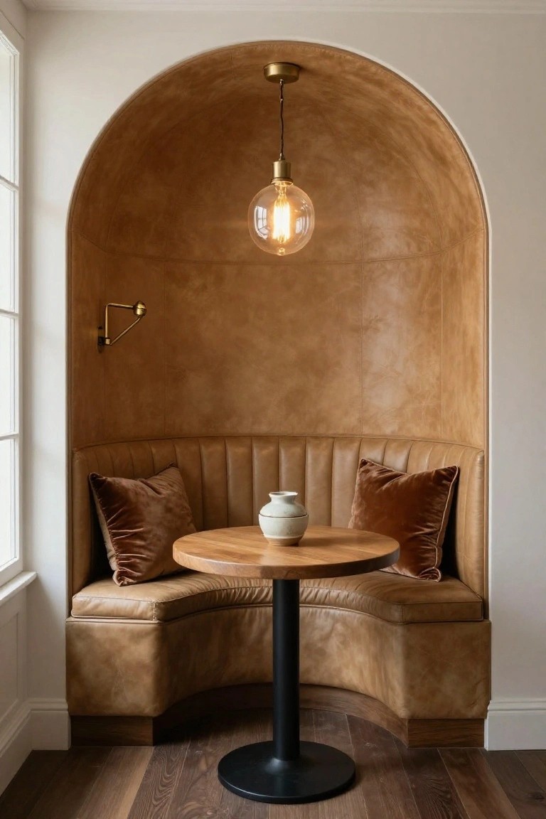 Curved tan leather banquette with brown velvet pillows around a round wooden table and white vase in a beige arched interior alcove with brass pendant light and wall sconce next to a window.