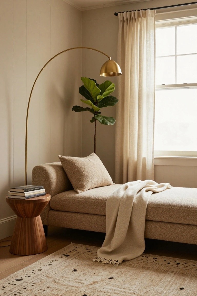 Beige curved chaise lounge with pillows and throw blanket in a light beige bedroom corner, next to a window with sheer curtains, gold arched floor lamp, fiddle leaf fig plant, wooden side table with stacked books, and patterned rug on wood floor.