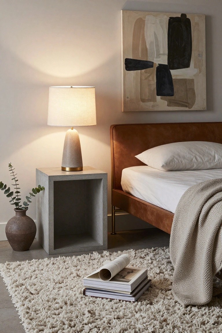 Bedroom corner with tan leather headboard bed, white sheets and pillows, beige knit throw, gray concrete cube nightstand holding a fabric-shade lamp, potted eucalyptus plant, stacked books on fluffy white shag rug, and abstract beige and black wall art.