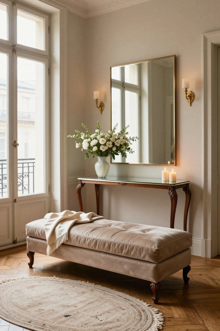 Beige tufted velvet bench with cream throw blanket on parquet floor beside glass-topped wooden console table with white flower arrangement and candles, large gold-framed mirror, wall sconces, and tall French windows in light-colored room.