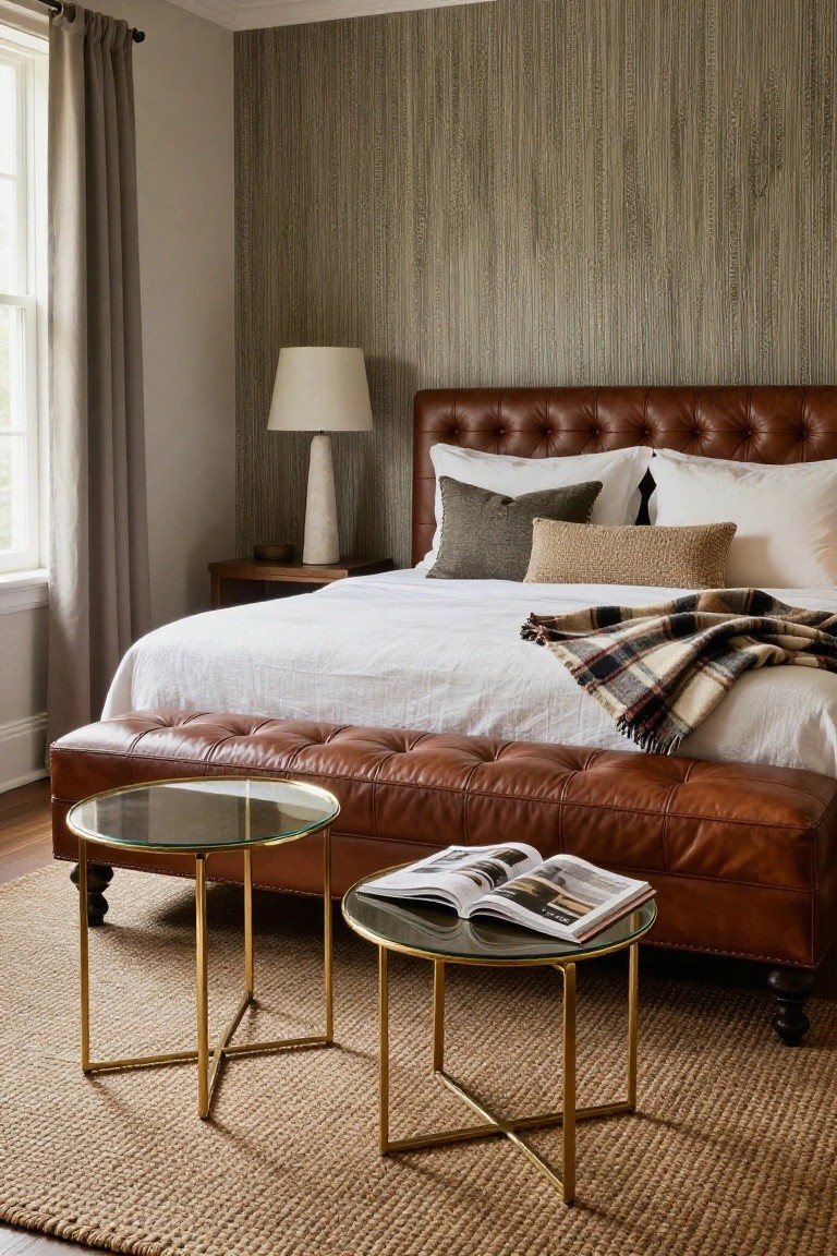 Tufted brown leather bench at the foot of a white bed in a bedroom with gray grasscloth walls, gold metal and glass side tables on it, neutral pillows, and a plaid throw.