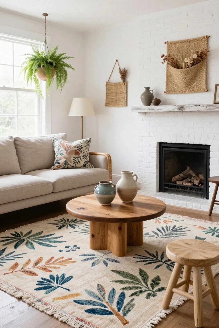 White brick living room featuring a beige sofa, rattan chair, wooden coffee table and stool on a large cream area rug with multicolored leaf prints, plus a fireplace, hanging fern, and ceramic vases.