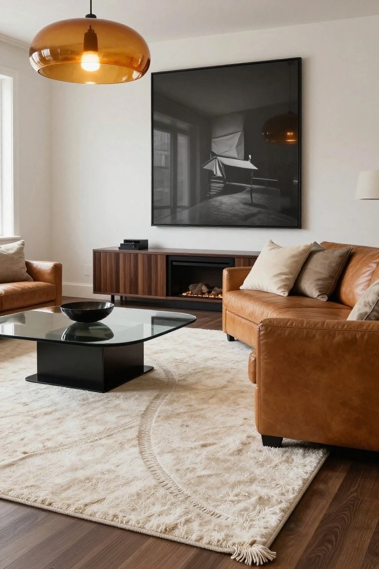 Modern living room featuring tan leather sofas, glass-top coffee table with black base, wood credenza with gas fireplace, large light cream fringed area rug, and large black-framed abstract photograph on white wall.