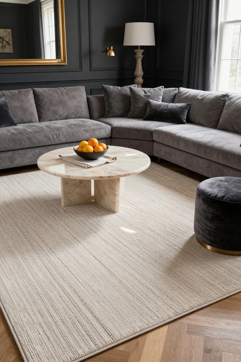 Dark paneled living room with gray velvet L-shaped sofa, round marble coffee table holding a bowl of oranges on a linen napkin, light ribbed area rug, black velvet ottoman, lamp, and mirror.