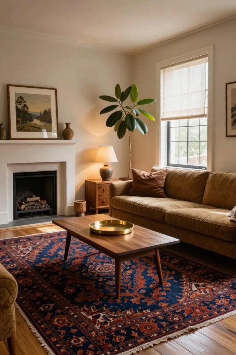Cozy living room interior with tan corduroy sofa, wood coffee table holding gold tray, navy and red patterned Persian rug on hardwood floor, white fireplace, potted plants, wood side table with lamp, and large window with shade.