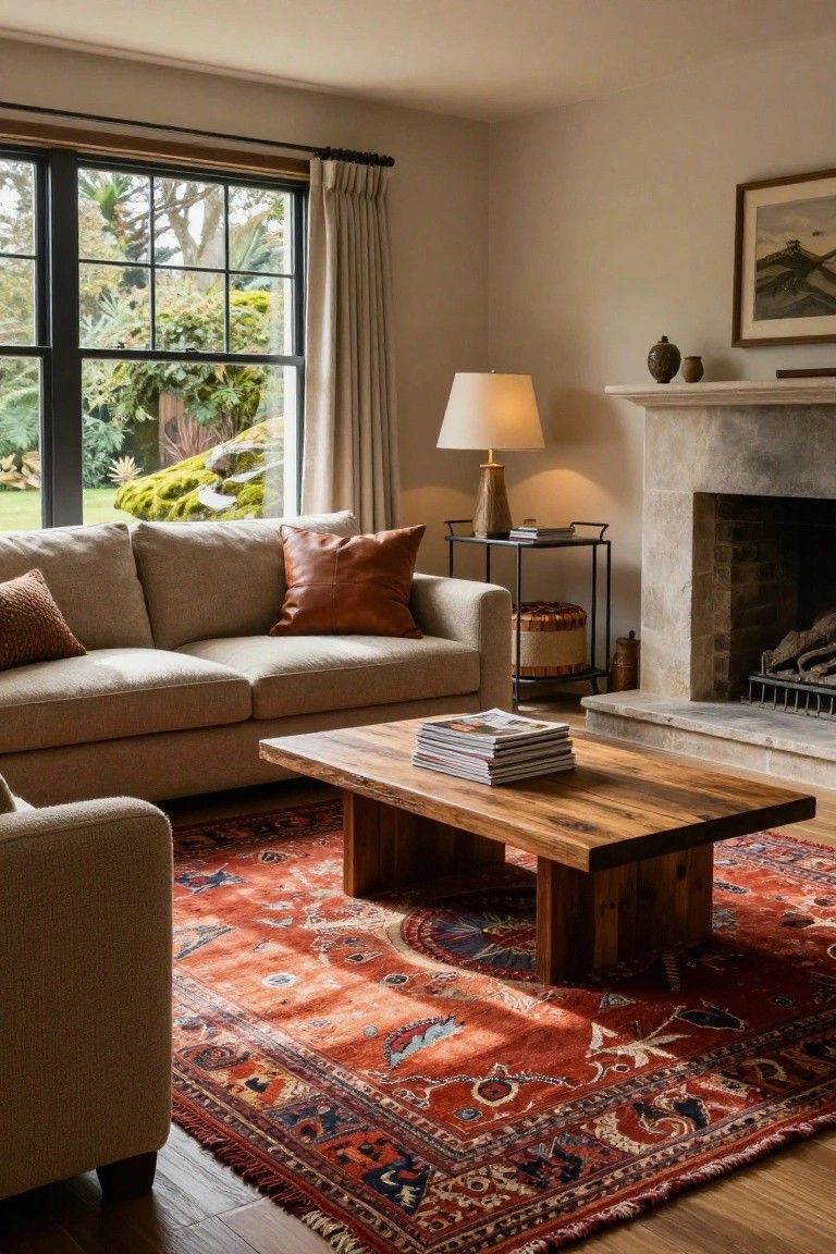 Beige sofa and armchair on a red patterned area rug with wooden coffee table in a living room featuring a stone fireplace, side table lamp, and large window with garden view.