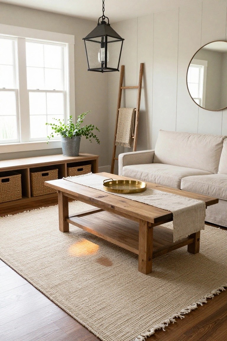 A living room featuring a beige linen sofa, wooden coffee table on a light fringed seagrass area rug, wooden bench with baskets, ladder shelf with blanket, potted plant, gold tray, and neutral plank walls with windows.