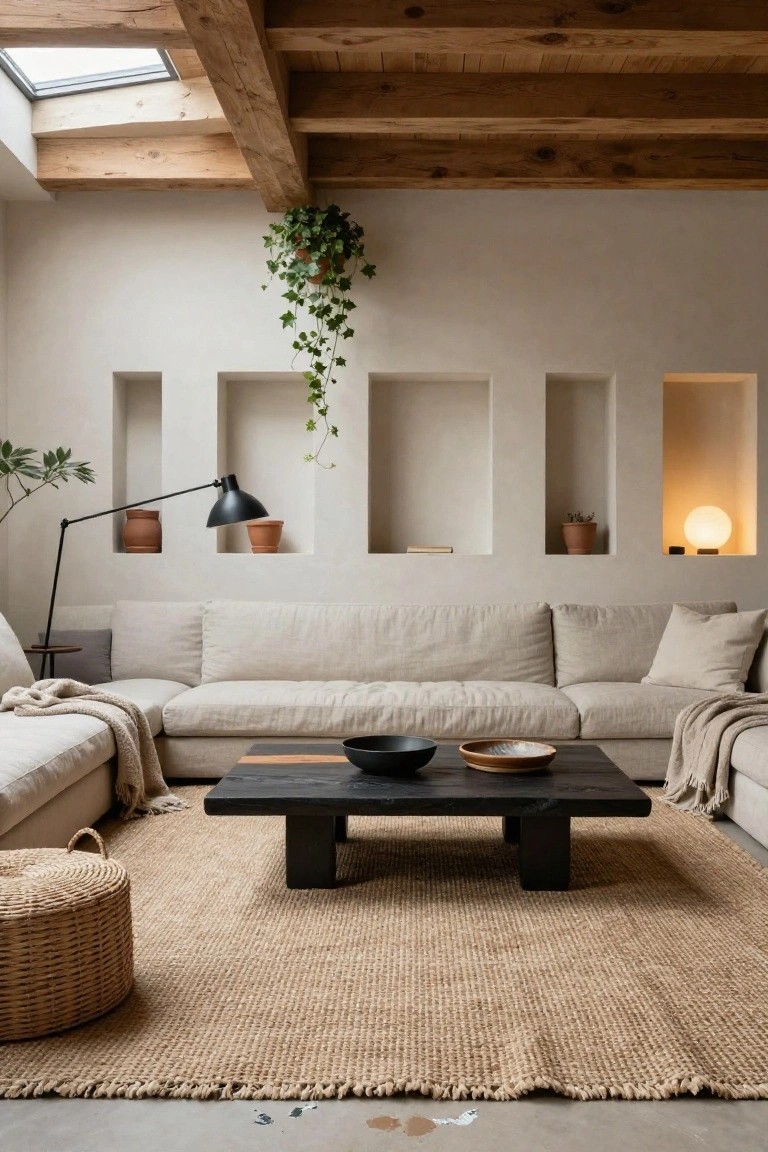 A living room with beige linen sofas and a black wooden coffee table on a large beige seagrass area rug, neutral walls with recessed shelves and plants, black floor lamp, exposed wooden ceiling beams, and skylight.