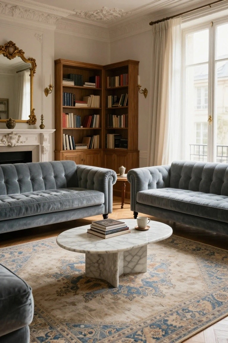 Living room corner with two facing gray tufted velvet sofas around an oval white marble coffee table on a large beige area rug with blue patterns, wooden bookshelves, gold mirror, and white fireplace.