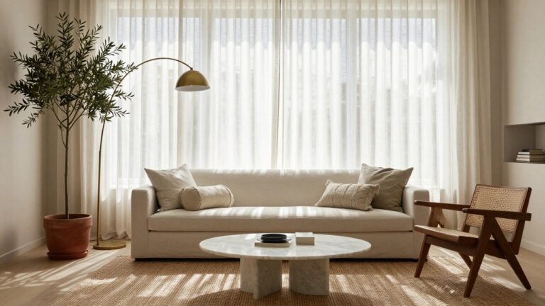 A light beige living room corner with sheer curtains on two tall arched windows, a white sofa with pillows and throw, rattan armchair, potted olive tree, marble coffee table, and fireplace.