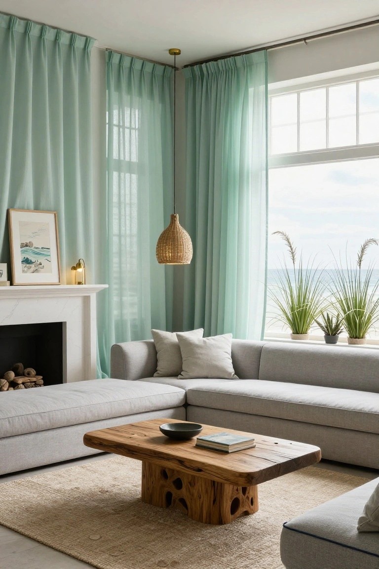 Living room with L-shaped light gray sofa, natural wood coffee table, white marble fireplace with logs, rattan pendant light, framed artwork, and sheer seafoam green curtains on corner windows overlooking ocean and potted grasses.