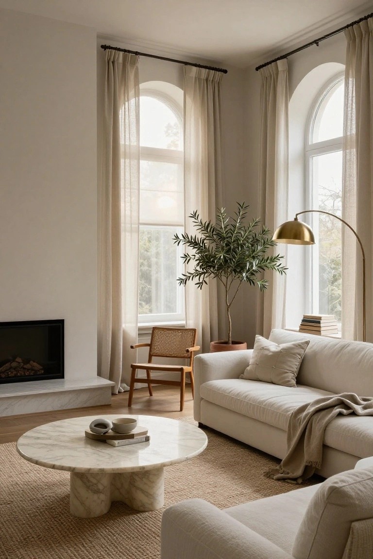 A light beige living room corner with sheer curtains on two tall arched windows, a white sofa with pillows and throw, rattan armchair, potted olive tree, marble coffee table, and fireplace.