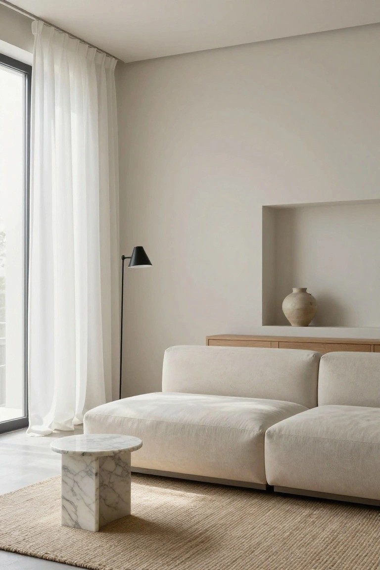 Minimalist living room with floor-to-ceiling sheer white curtains on a large window door, low-profile cream sofa, white marble side table, black floor lamp, wooden credenza, and beige rug on light floor.