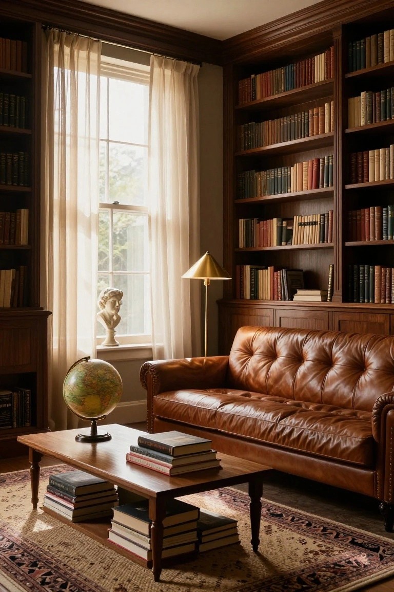 Wood-paneled library corner with tall bookshelves filled with books, brown leather tufted sofa, wooden coffee table holding stacked books and globe, white marble bust, brass floor lamp, and sheer curtains on a sunlit window.