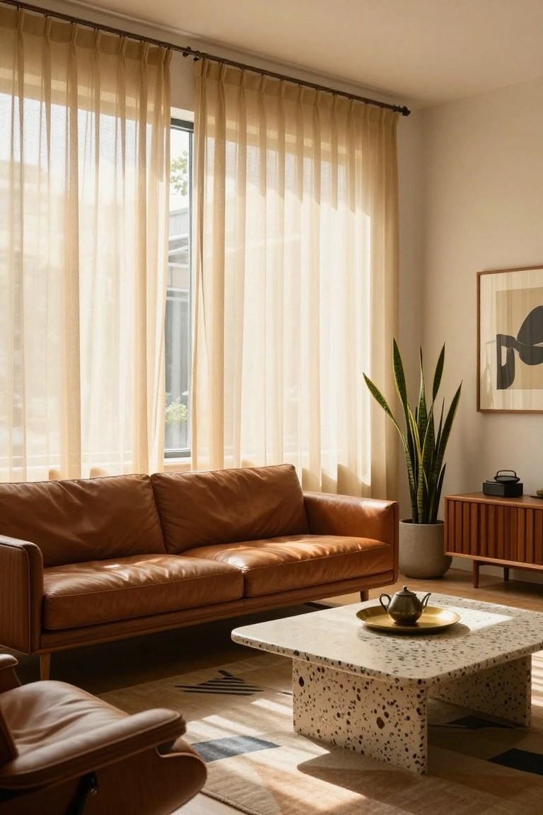 A sunlit living room with beige sheer curtains over large windows, tan leather sofa and armchair, terrazzo coffee table with brass teapot, wooden credenza holding a snake plant, and abstract wall art.