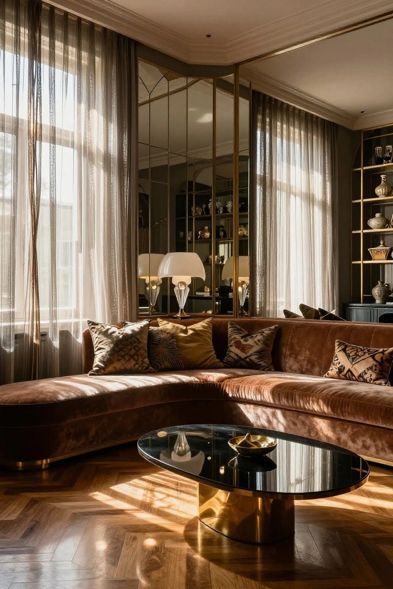 Luxury living room with burnt orange velvet L-shaped sofa, oval black glass coffee table on gold base, gold mirrors and shelving with vases and ceramics, sheer curtains on large windows, and herringbone wood floors in sunlight.