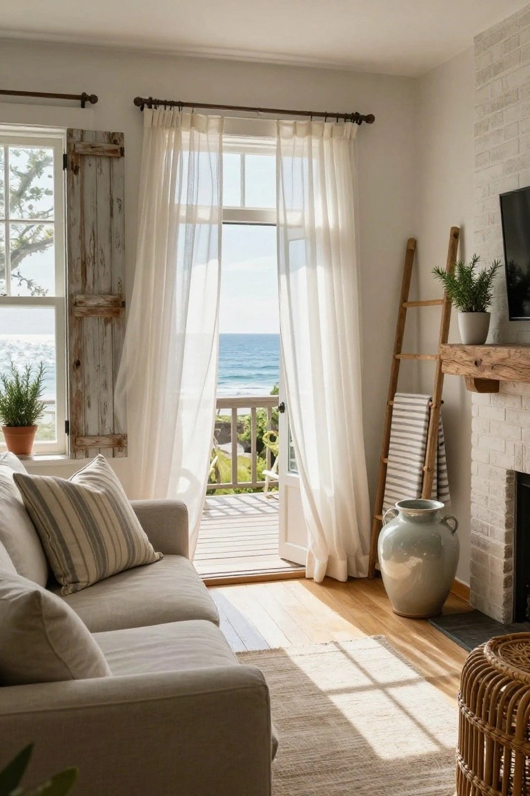 A light-filled living room with beige sofa, sheer white curtains on large windows and doors overlooking the ocean, white brick fireplace with wooden ladder shelf, and potted plants.