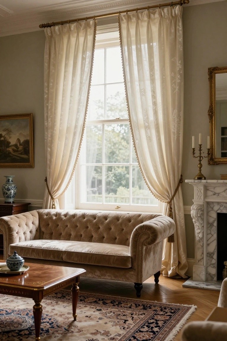 Luxurious living room interior with beige tufted Chesterfield sofa, low wooden coffee table on Persian rug, marble fireplace with gold candelabra, ornate gold mirror, landscape oil painting, blue-and-white porcelain vases, and tall sheer curtains with lace scalloped edges on a large multi-pane window overlooking green trees.