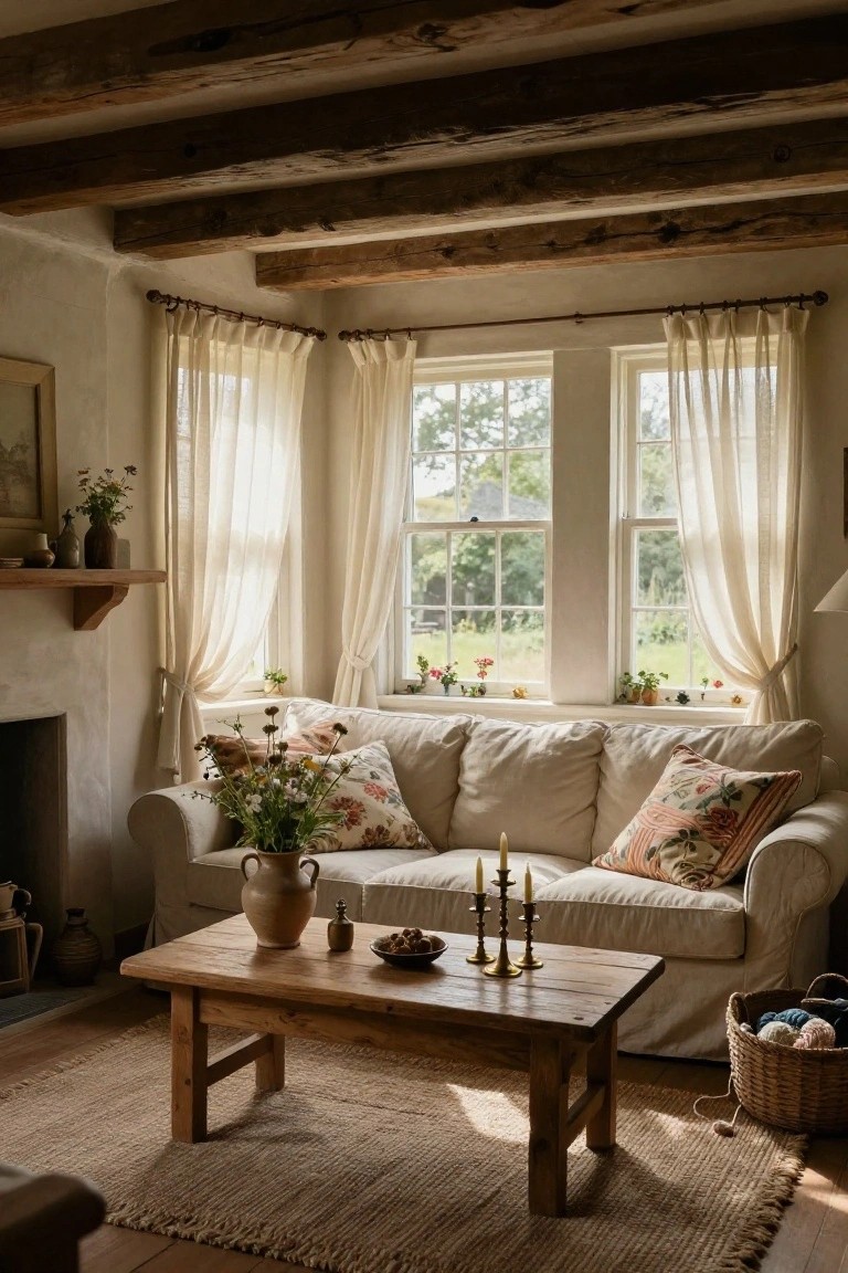 Sunlit living room interior with exposed wooden beams on white walls, three large side-by-side windows covered in sheer white curtains overlooking countryside, beige sofa with floral pillows, wooden coffee table holding candles and vase, stone fireplace, and potted plants.