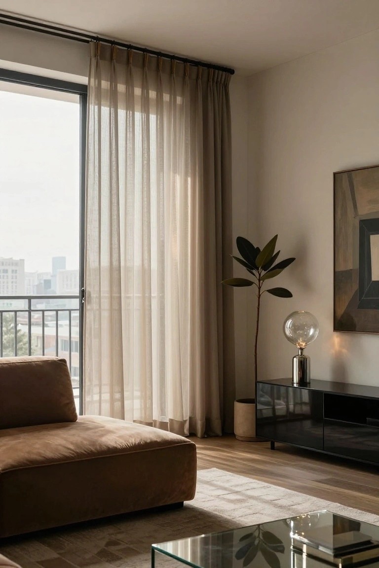 Modern living room featuring a tan modular sofa, sheer beige floor-length curtains on floor-to-ceiling windows with city view, black media console holding a plant and globe lamp, and glass coffee table on light rug.