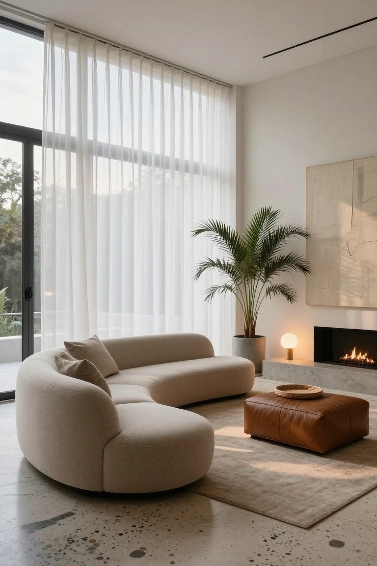 Modern living room featuring a curved beige bouclé sofa, sheer white curtains on floor-to-ceiling windows and doors overlooking greenery, potted palm tree, leather ottoman, woven tray on concrete hearth, gas fireplace, and beige rug on spotted concrete floor.
