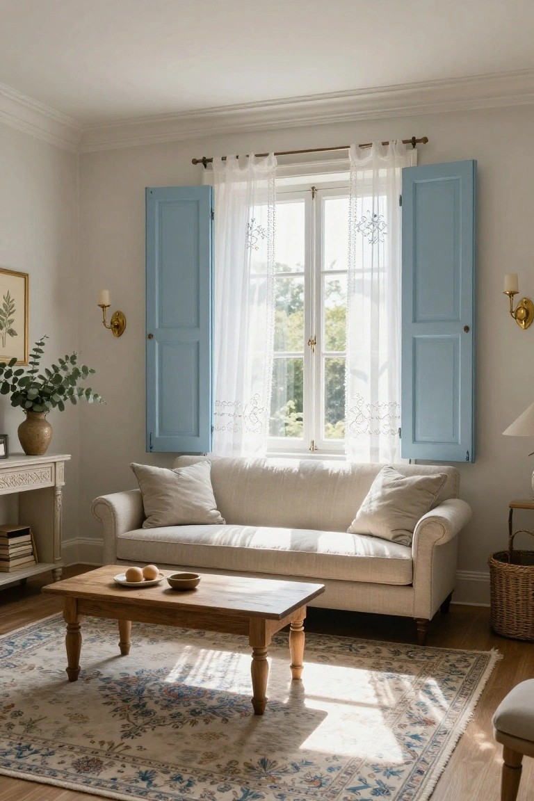 A sunlit living room with a beige linen sofa, low wooden coffee table holding oranges and a bowl, sheer white curtains on a tall window flanked by open blue shutters, potted eucalyptus on a side table, gold wall sconces, and a cream rug with blue floral patterns on hardwood floors.