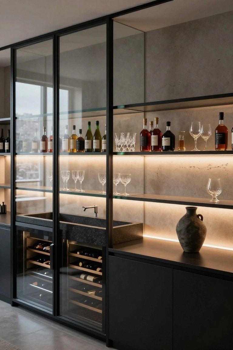 Tall glass-fronted black metal cabinets forming a home bar back wall with backlit shelves displaying liquor bottles and glassware, a stone sink, and a wine cooler below.