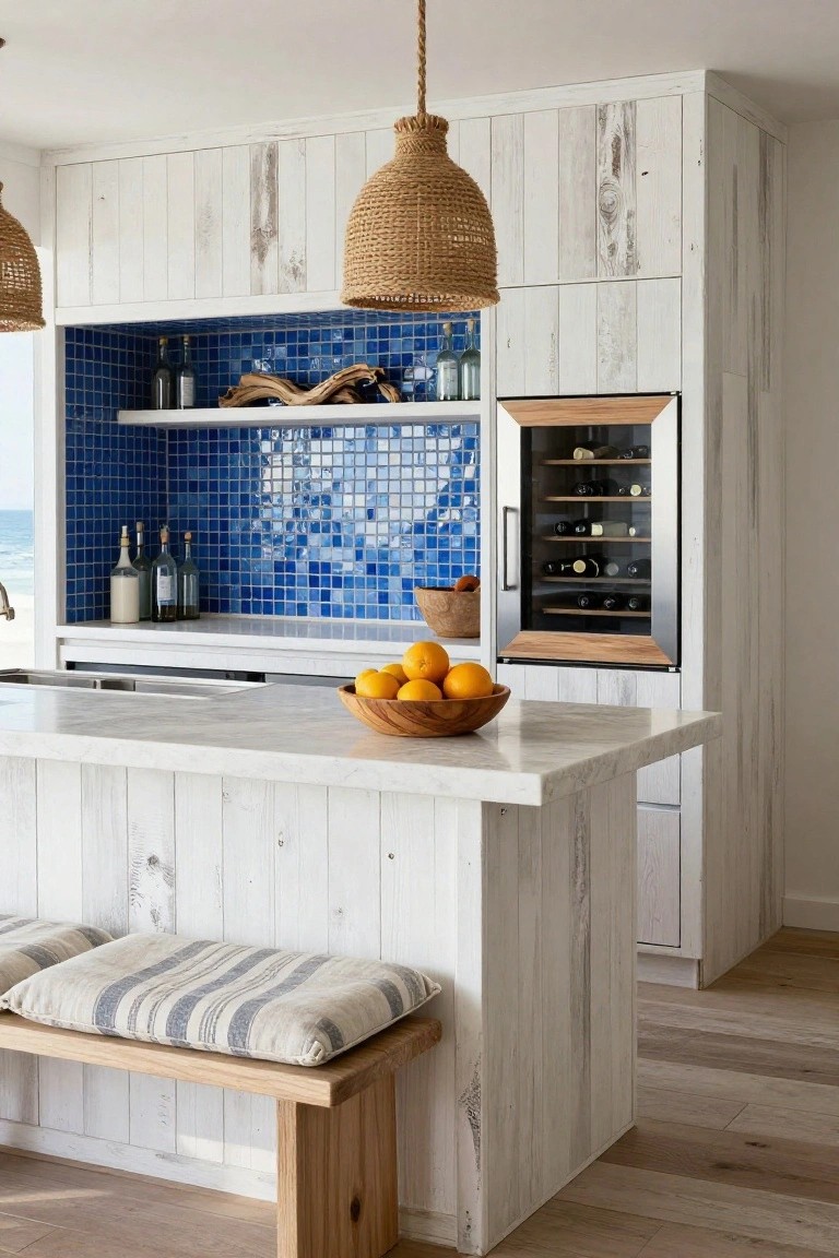 White shiplap kitchen with blue mosaic tiled niche holding wine bottles, driftwood, and a wood-framed wine fridge, island countertop with bowl of oranges, rattan pendant lights, and wooden bench with cushions.